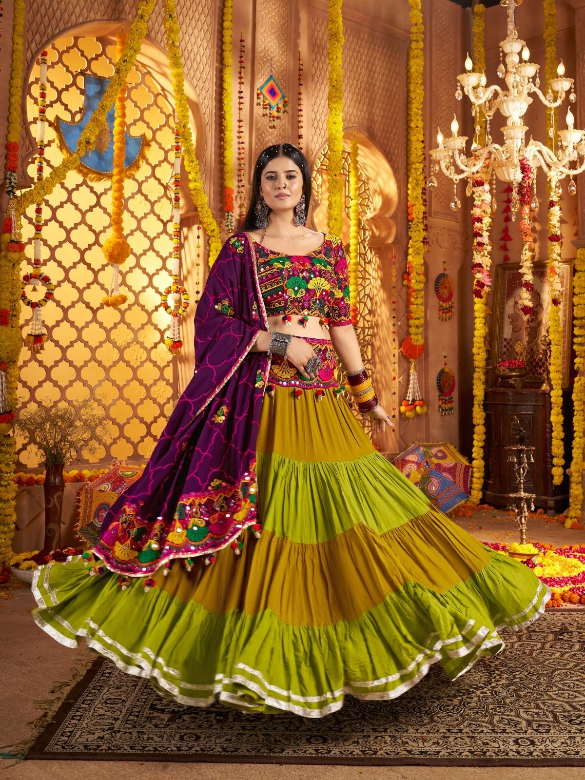 Odette Multicolor Viscose Cotton Embroidered Semi-Stitched lehenga With Stunning Tassels And Embroidered Waist Belt For Women