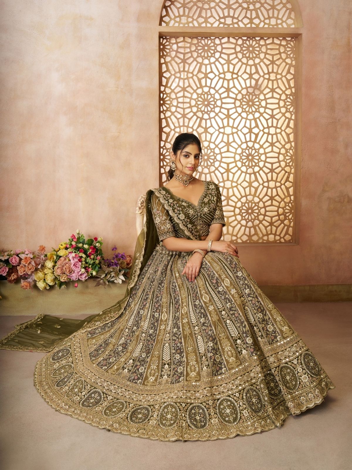Odette Olive Soft Net Embroidered Semi-Stitched Lehenga For Women
