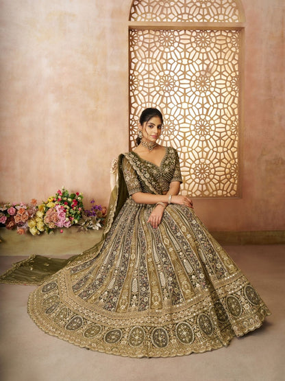 Odette Olive Soft Net Embroidered Semi-Stitched Lehenga For Women