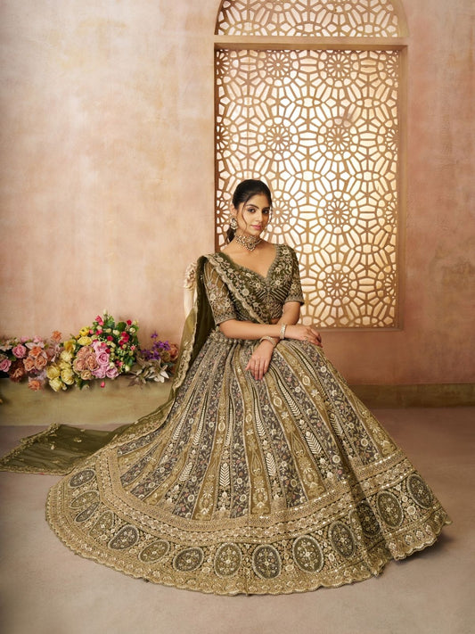 Odette Olive Soft Net Embroidered Semi-Stitched Lehenga For Women