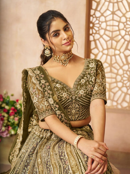 Odette Olive Soft Net Embroidered Semi-Stitched Lehenga For Women