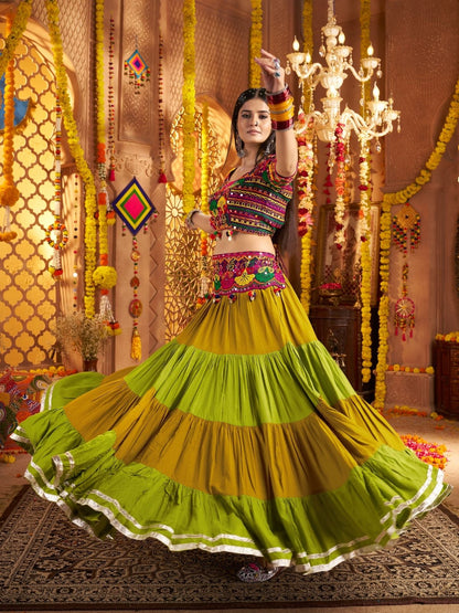 Odette Multicolor Viscose Cotton Embroidered Semi-Stitched lehenga With Stunning Tassels And Embroidered Waist Belt For Women