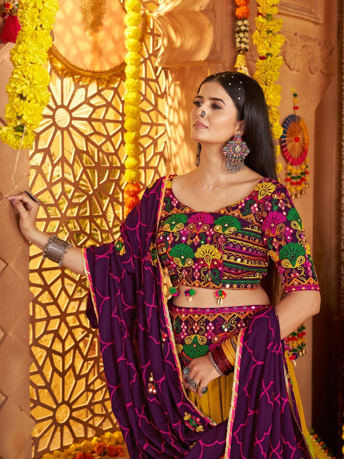 Odette Multicolor Viscose Cotton Embroidered Semi-Stitched lehenga With Stunning Tassels And Embroidered Waist Belt For Women