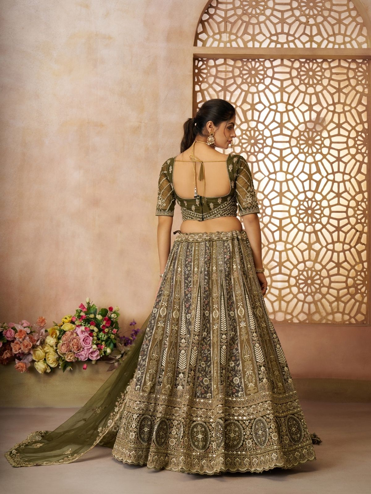 Odette Olive Soft Net Embroidered Semi-Stitched Lehenga For Women