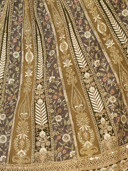 Odette Olive Soft Net Embroidered Semi-Stitched Lehenga For Women