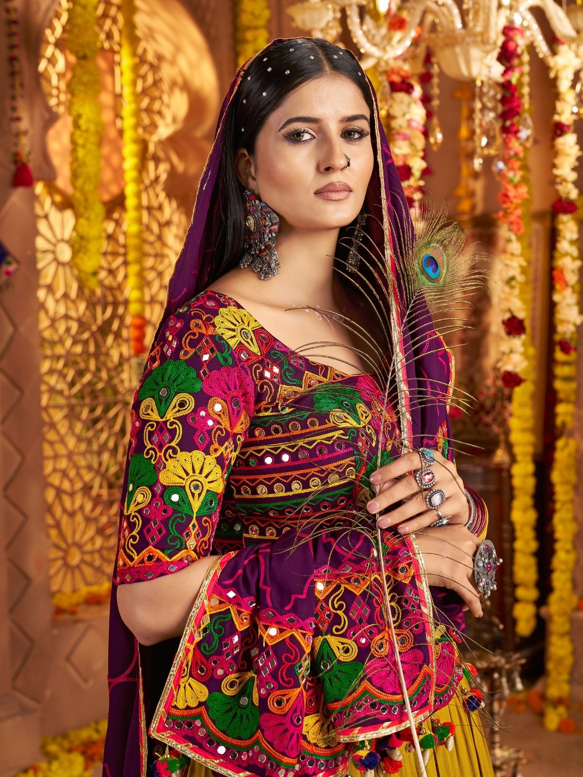 Odette Multicolor Viscose Cotton Embroidered Semi-Stitched lehenga With Stunning Tassels And Embroidered Waist Belt For Women