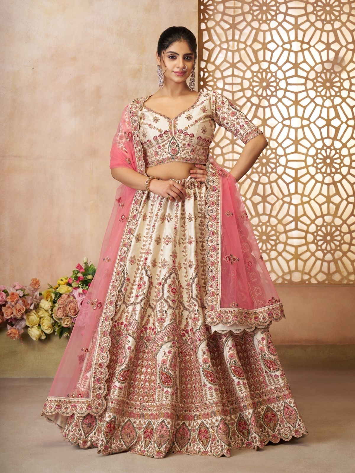 Odette Off White Silk Blend Embroidered Semi-Stitched Lehenga For Women