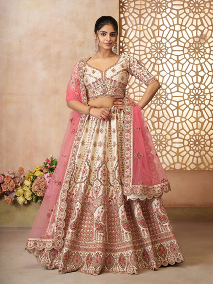 Odette Off White Silk Blend Embroidered Semi-Stitched Lehenga For Women