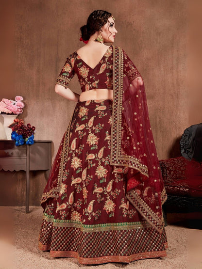 Odette Maroon Silk Blend Embroidered Semi-Stitched lehenga For Women