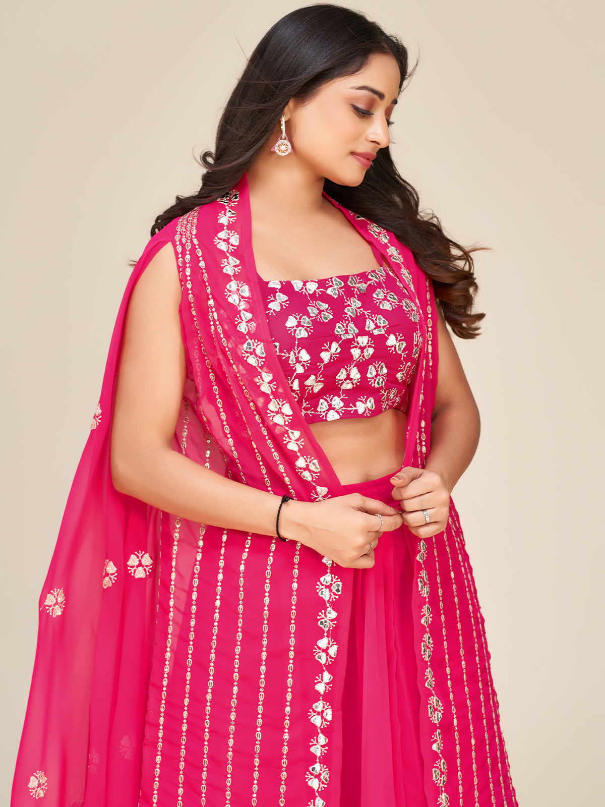 Odette Women Designer Pink Georgette Semi Stitched Lehenga With Unstitched Blouse