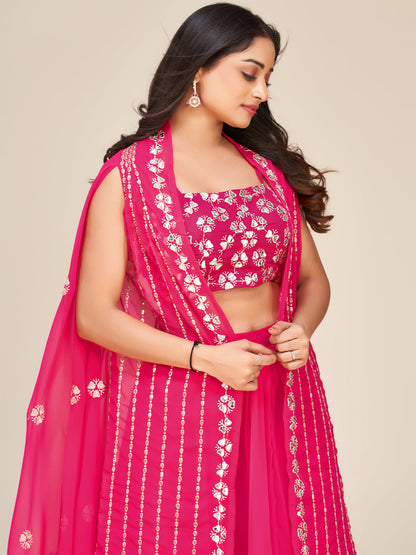 Odette Women Designer Pink Georgette Semi Stitched Lehenga With Unstitched Blouse