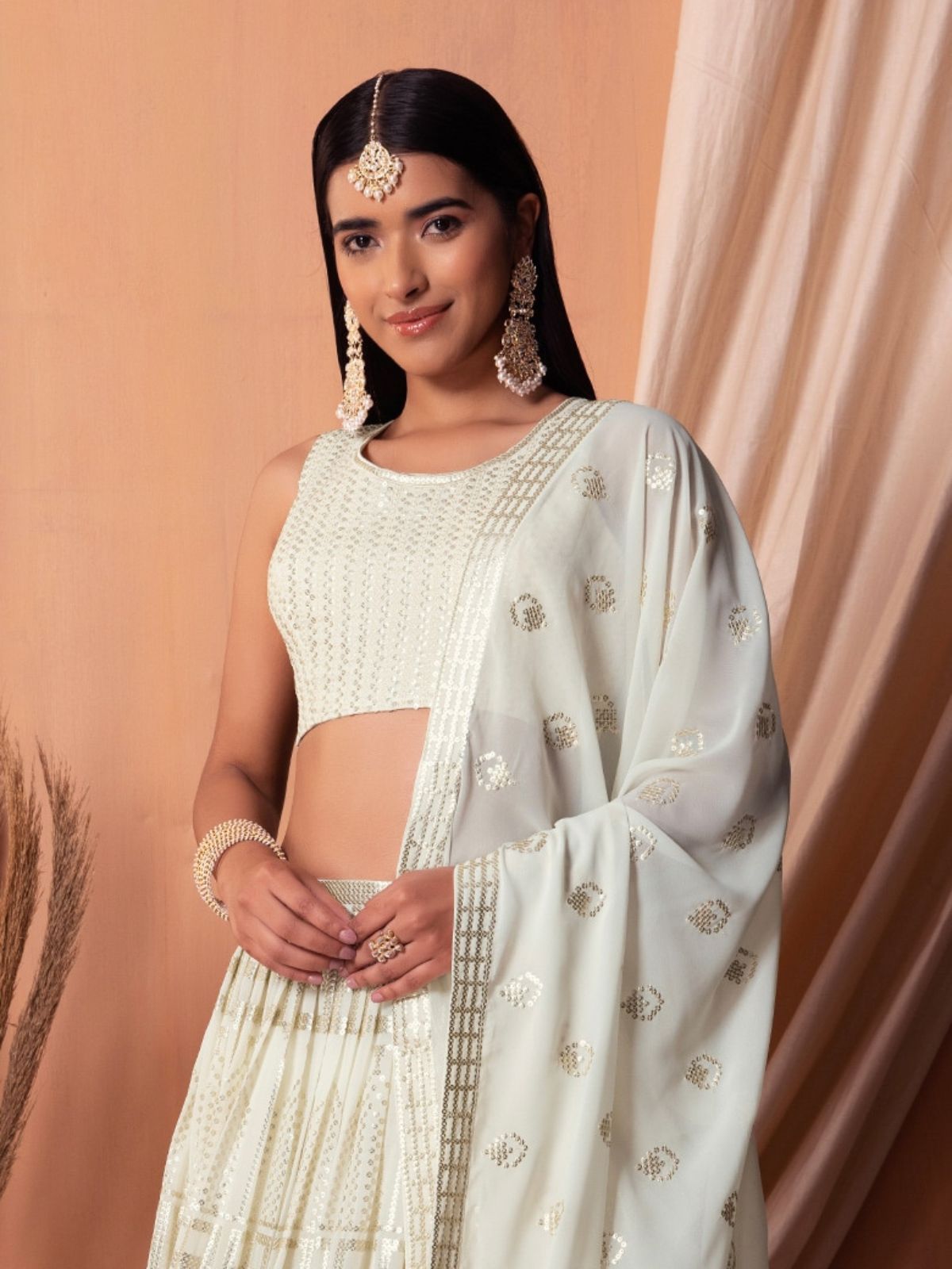 Odette White Georgette Embellished Semi-Stitched Lehenga For Women