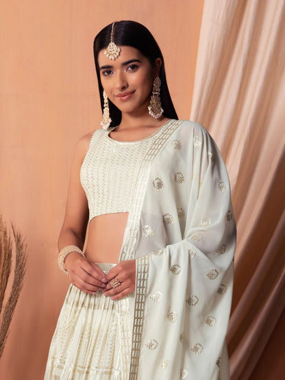 Odette White Georgette Embellished Semi-Stitched Lehenga For Women