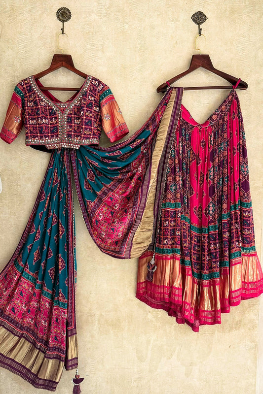 Multi Colored Gaji Silk Printed Lehenga