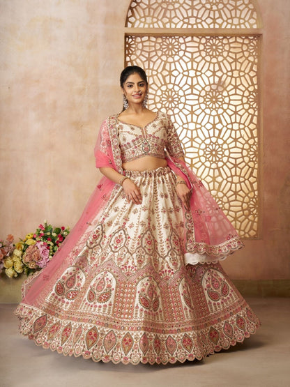 Odette Off White Silk Blend Embroidered Semi-Stitched Lehenga For Women