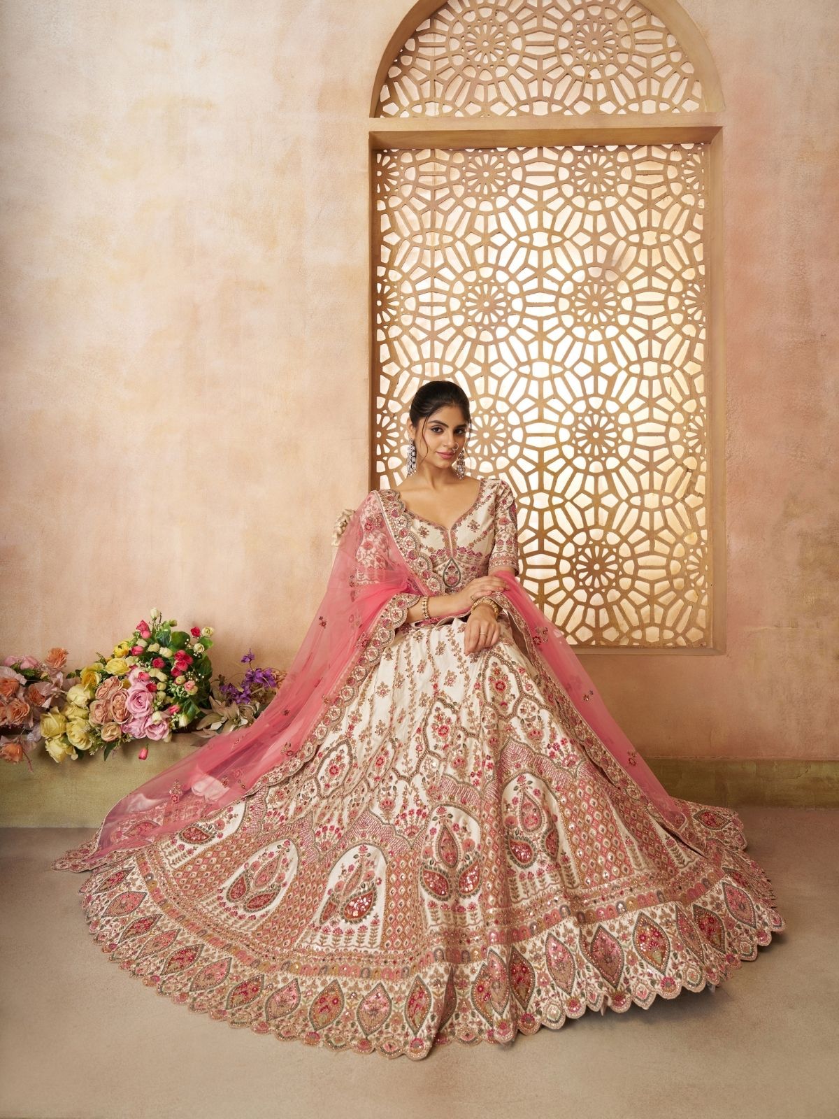 Odette Off White Silk Blend Embroidered Semi-Stitched Lehenga For Women