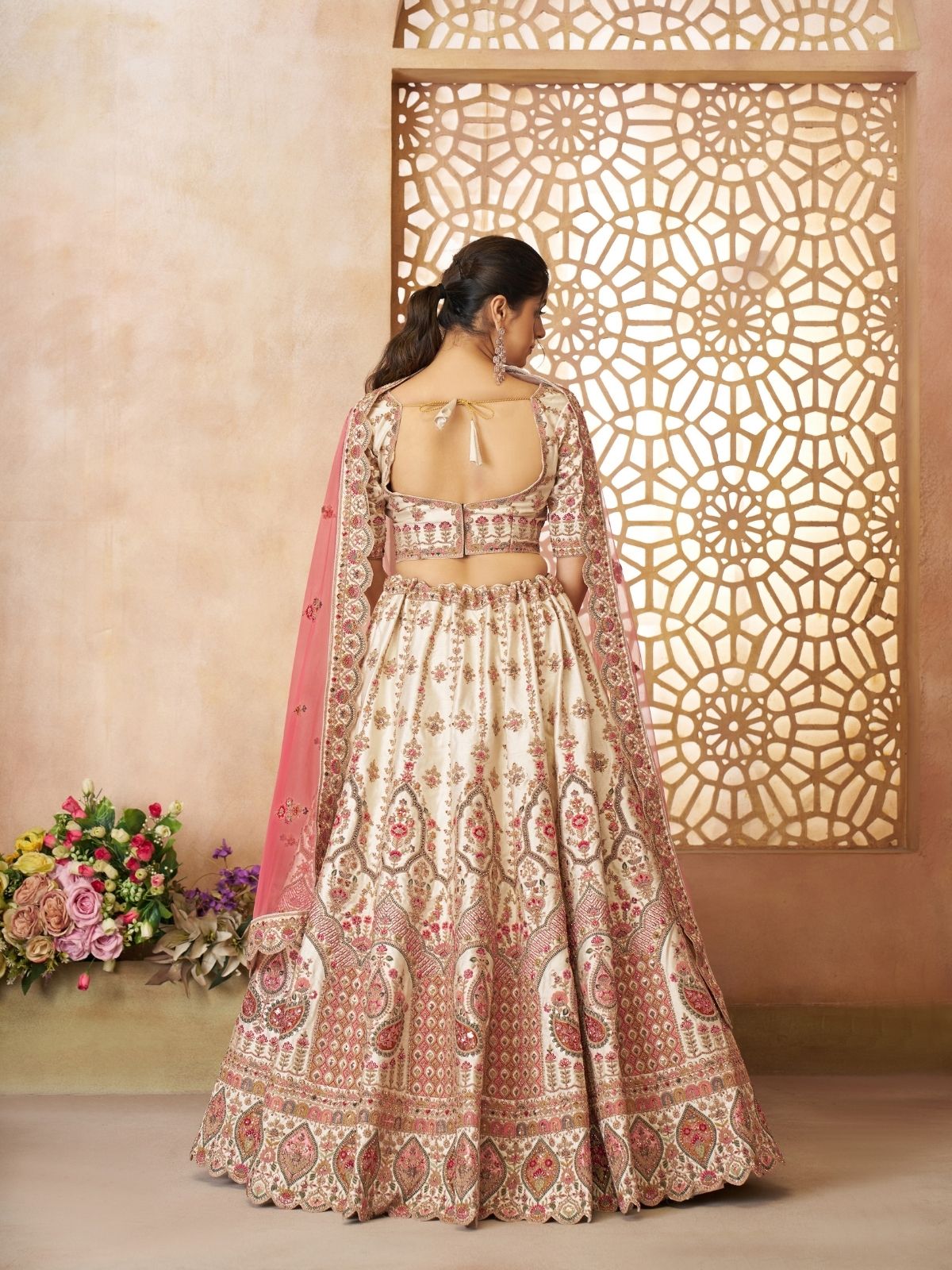 Odette Off White Silk Blend Embroidered Semi-Stitched Lehenga For Women