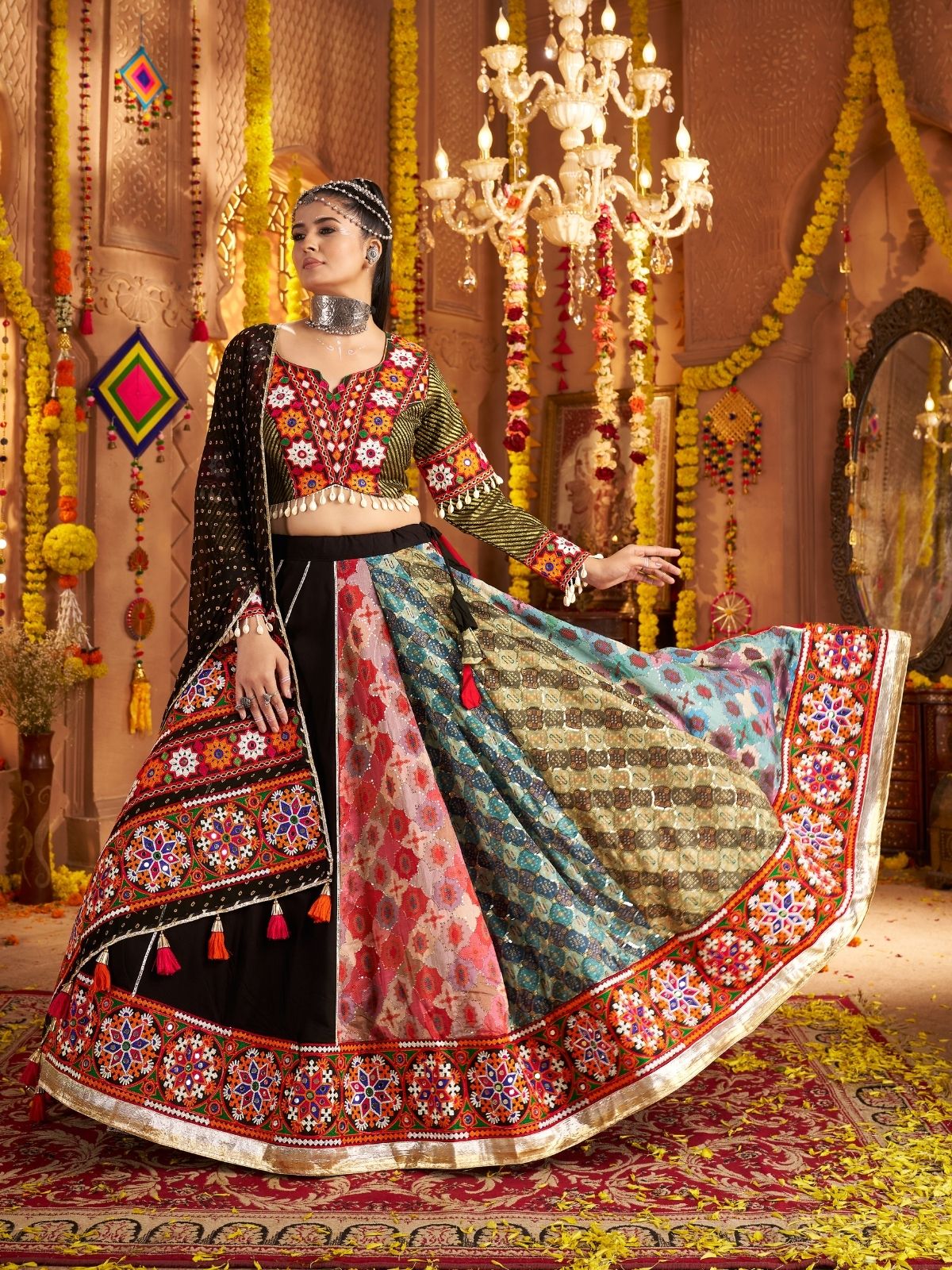 Odette Multicolor Viscose Rayon Embroidered Semi-Stitched lehenga With Stunning Tassels For Women