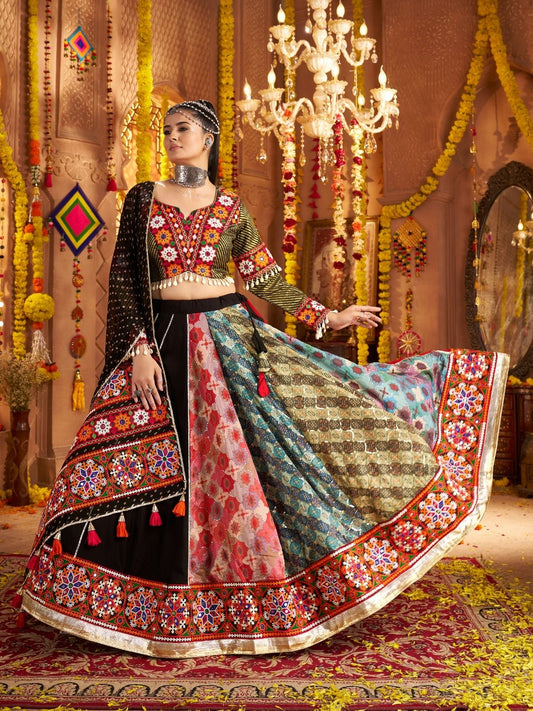 Odette Multicolor Viscose Rayon Embroidered Semi-Stitched lehenga With Stunning Tassels For Women