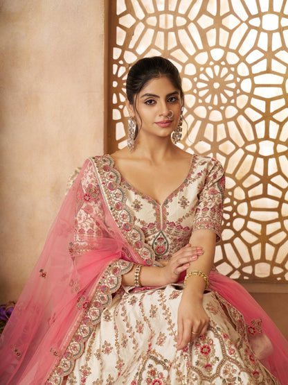 Odette Off White Silk Blend Embroidered Semi-Stitched Lehenga For Women