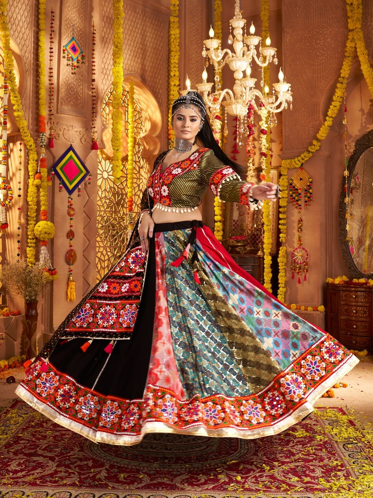 Odette Multicolor Viscose Rayon Embroidered Semi-Stitched lehenga With Stunning Tassels For Women