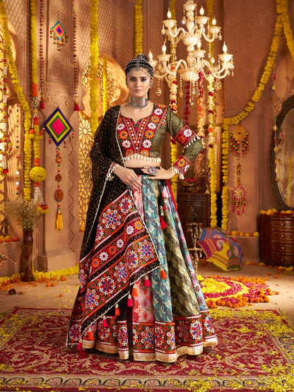 Odette Multicolor Viscose Rayon Embroidered Semi-Stitched lehenga With Stunning Tassels For Women