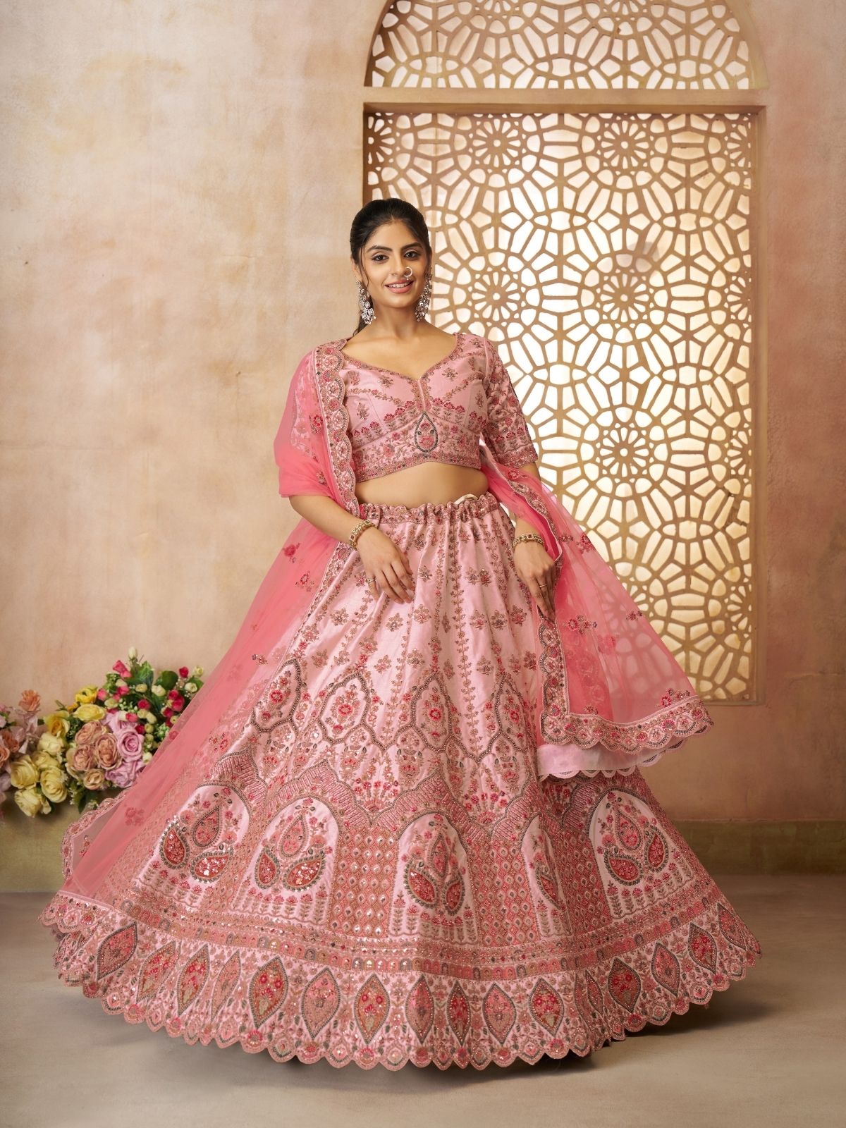 Odette Pink Silk Blend Embroidered Semi-Stitched Lehenga For Women
