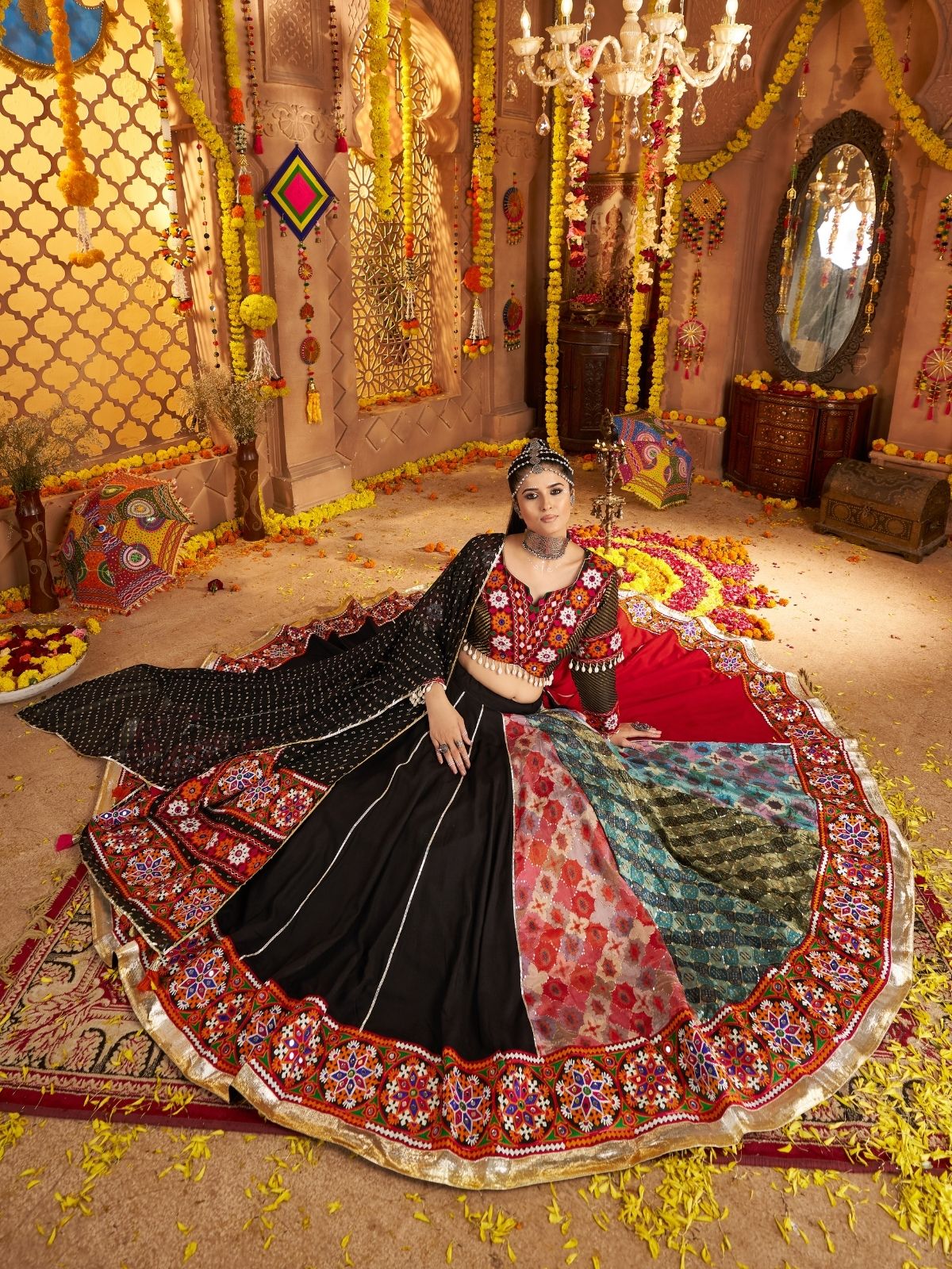 Odette Multicolor Viscose Rayon Embroidered Semi-Stitched lehenga With Stunning Tassels For Women