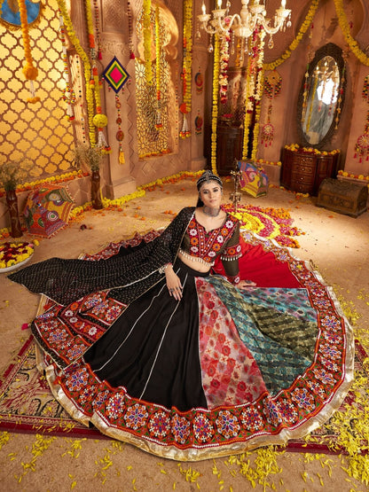 Odette Multicolor Viscose Rayon Embroidered Semi-Stitched lehenga With Stunning Tassels For Women