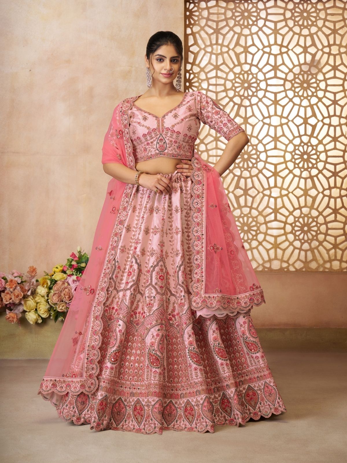 Odette Pink Silk Blend Embroidered Semi-Stitched Lehenga For Women