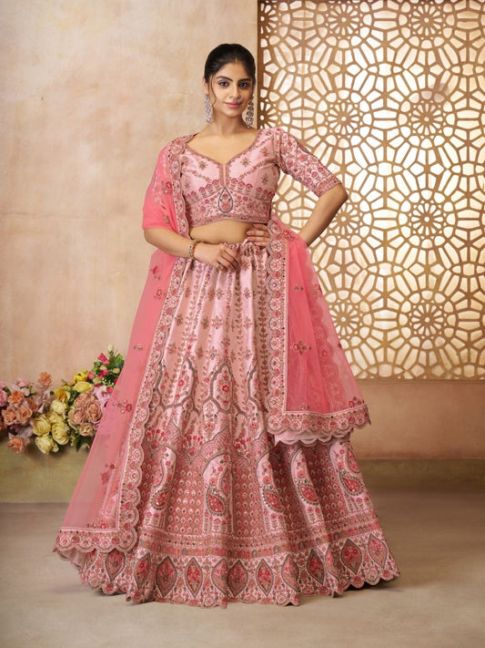 Odette Pink Silk Blend Embroidered Semi-Stitched Lehenga For Women