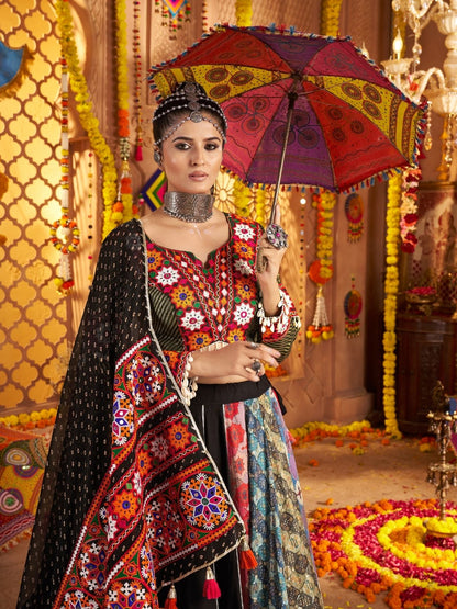 Odette Multicolor Viscose Rayon Embroidered Semi-Stitched lehenga With Stunning Tassels For Women