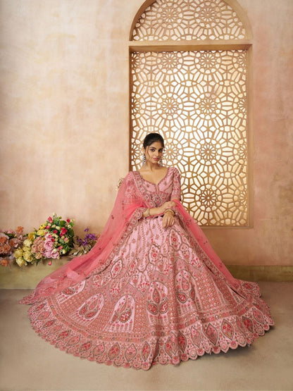 Odette Pink Silk Blend Embroidered Semi-Stitched Lehenga For Women