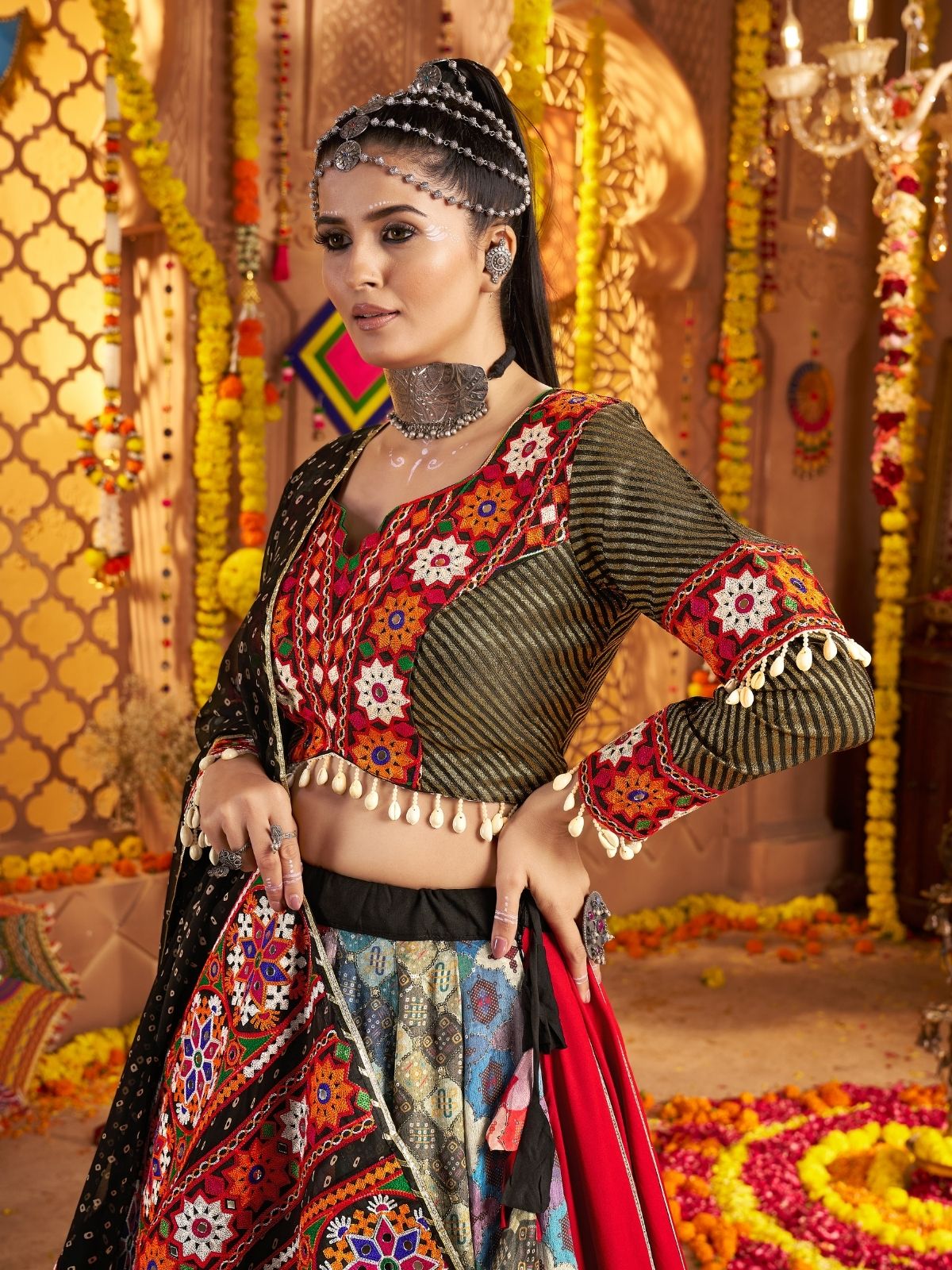 Odette Multicolor Viscose Rayon Embroidered Semi-Stitched lehenga With Stunning Tassels For Women