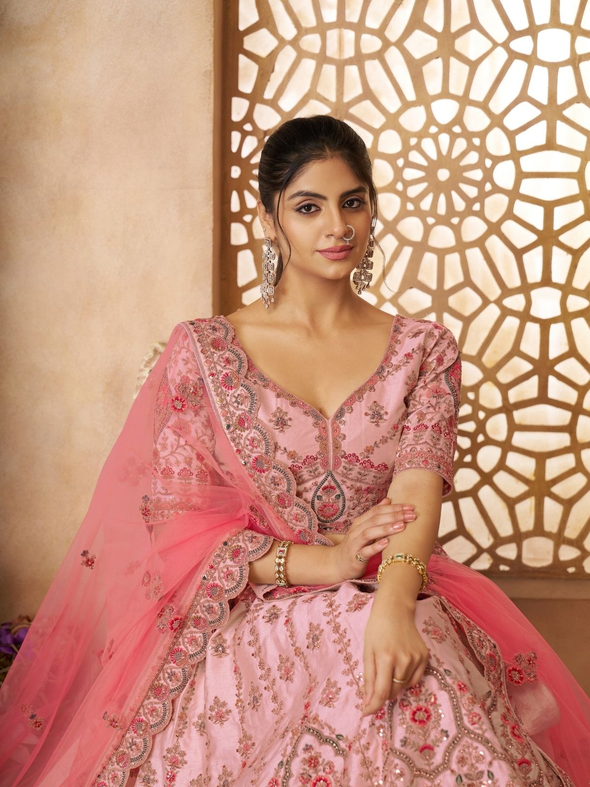 Odette Pink Silk Blend Embroidered Semi-Stitched Lehenga For Women