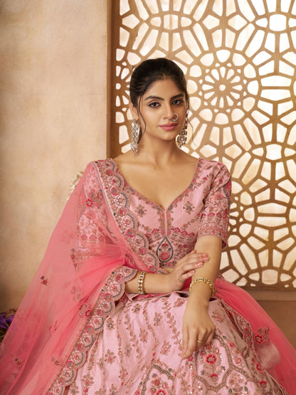 Odette Pink Silk Blend Embroidered Semi-Stitched Lehenga For Women