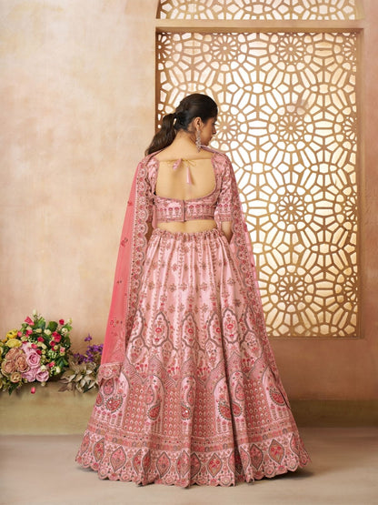 Odette Pink Silk Blend Embroidered Semi-Stitched Lehenga For Women