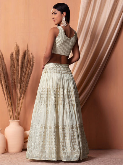 Odette White Georgette Embellished Semi-Stitched Lehenga For Women