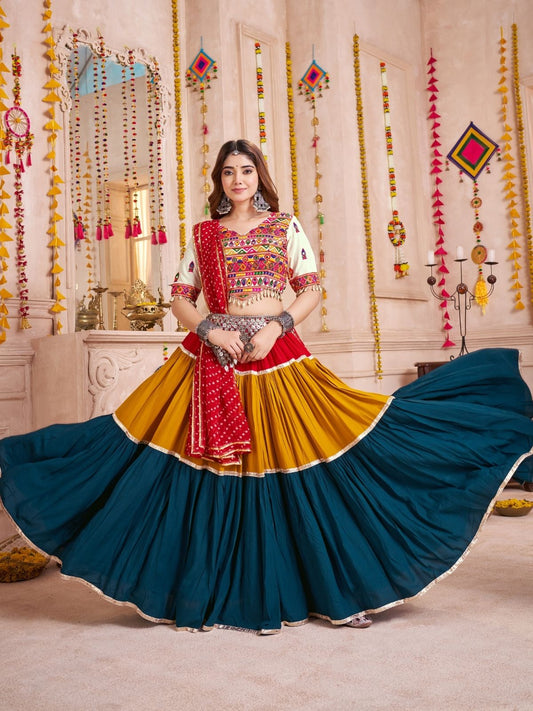 Odette Multicolor Cotton Blend Solid With Golden Border Semi-Stitched Lehenga For Women