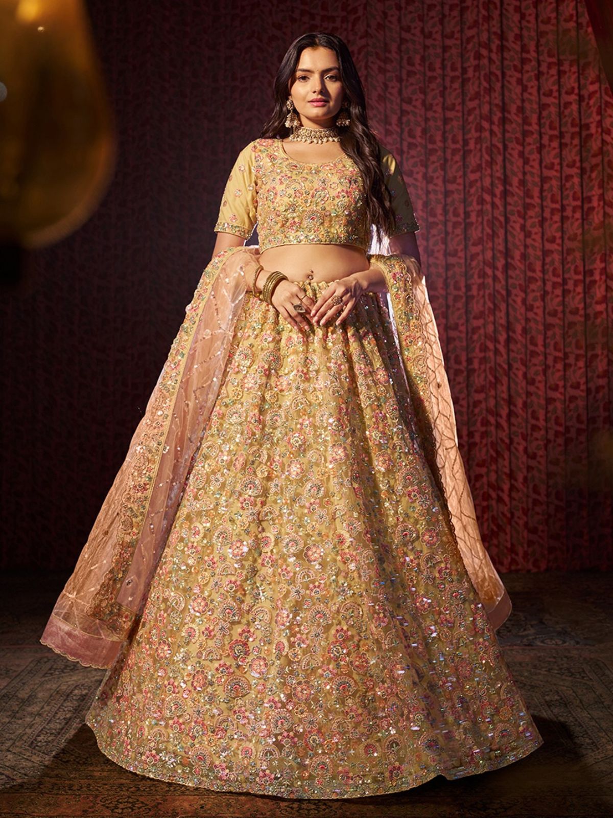 Odette Yellow Net Embroidered Semi-Stitched Lehenga For Women