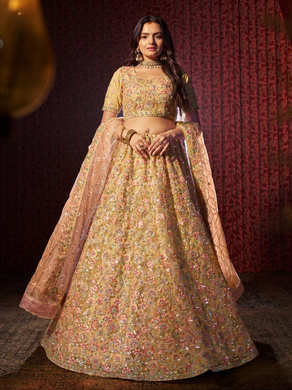 Odette Yellow Net Embroidered Semi-Stitched Lehenga For Women