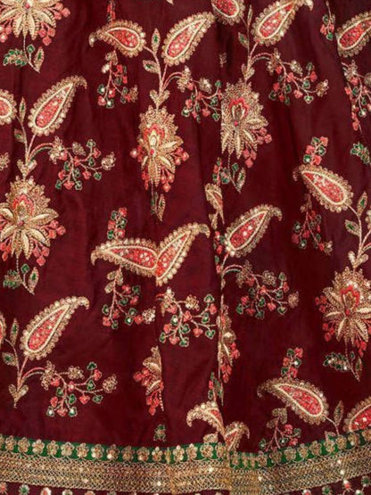 Odette Maroon Silk Blend Embroidered Semi-Stitched lehenga For Women