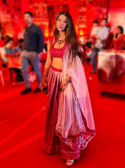 Odette Women Pink Sequence Semi Stitched Lehenga With Unstitched Blouse