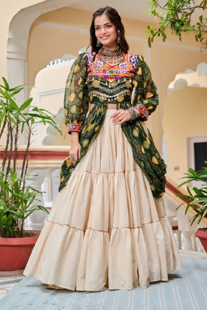 Olive Green Cotton Kachchi Work Shrug with Plain Lehenga