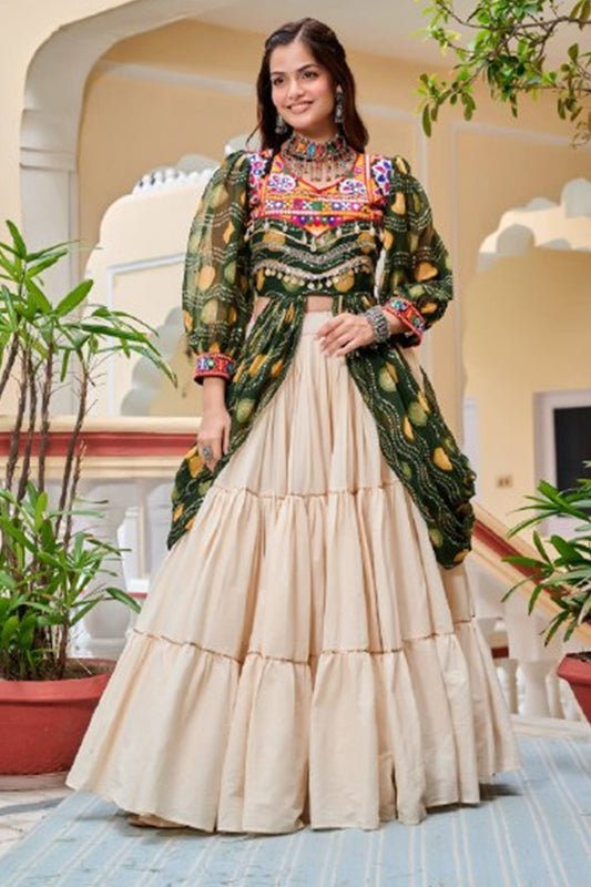 Olive Green Cotton Kachchi Work Shrug with Plain Lehenga