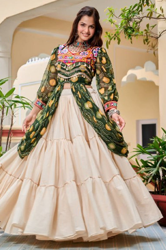 Olive Green Cotton Kachchi Work Shrug with Plain Lehenga