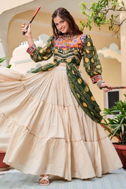 Olive Green Cotton Kachchi Work Shrug with Plain Lehenga