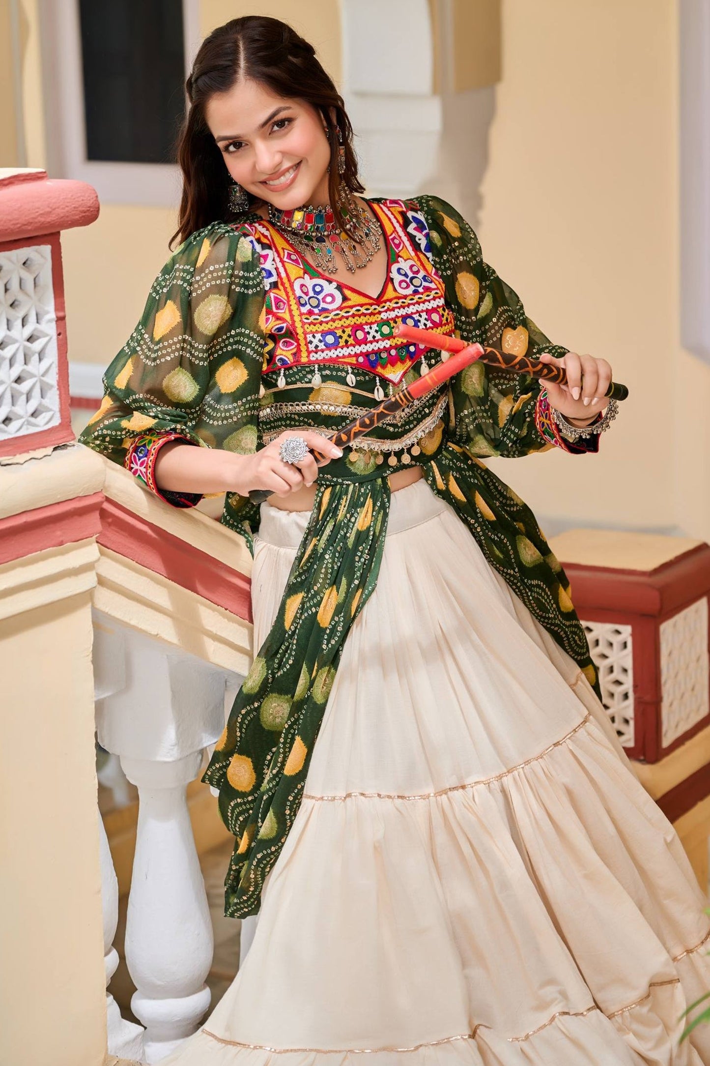 Olive Green Cotton Kachchi Work Shrug with Plain Lehenga