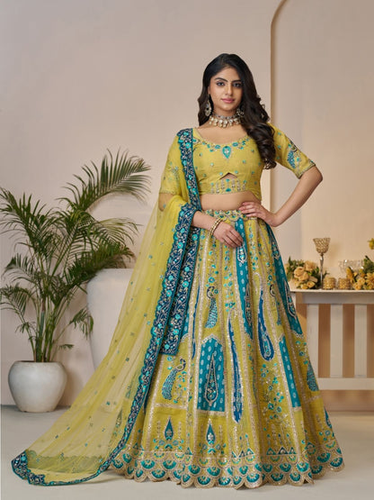 Odette Yellow Banarasi Silk Embroidered Semi-Stitched Lehenga For Women