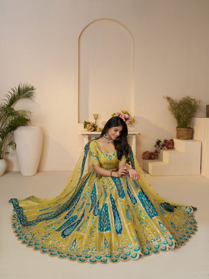 Odette Yellow Banarasi Silk Embroidered Semi-Stitched Lehenga For Women